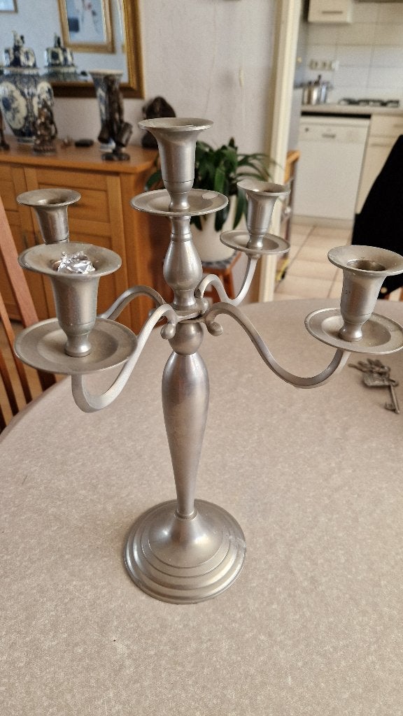 grote verzilverde ? zware 5 arms kandelaar, Antiek en Kunst, Ophalen of Verzenden, Zilver