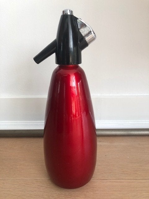 Vintage aluminium rode soda spuitfles/sifon Seltzer fles, Ophalen of Verzenden