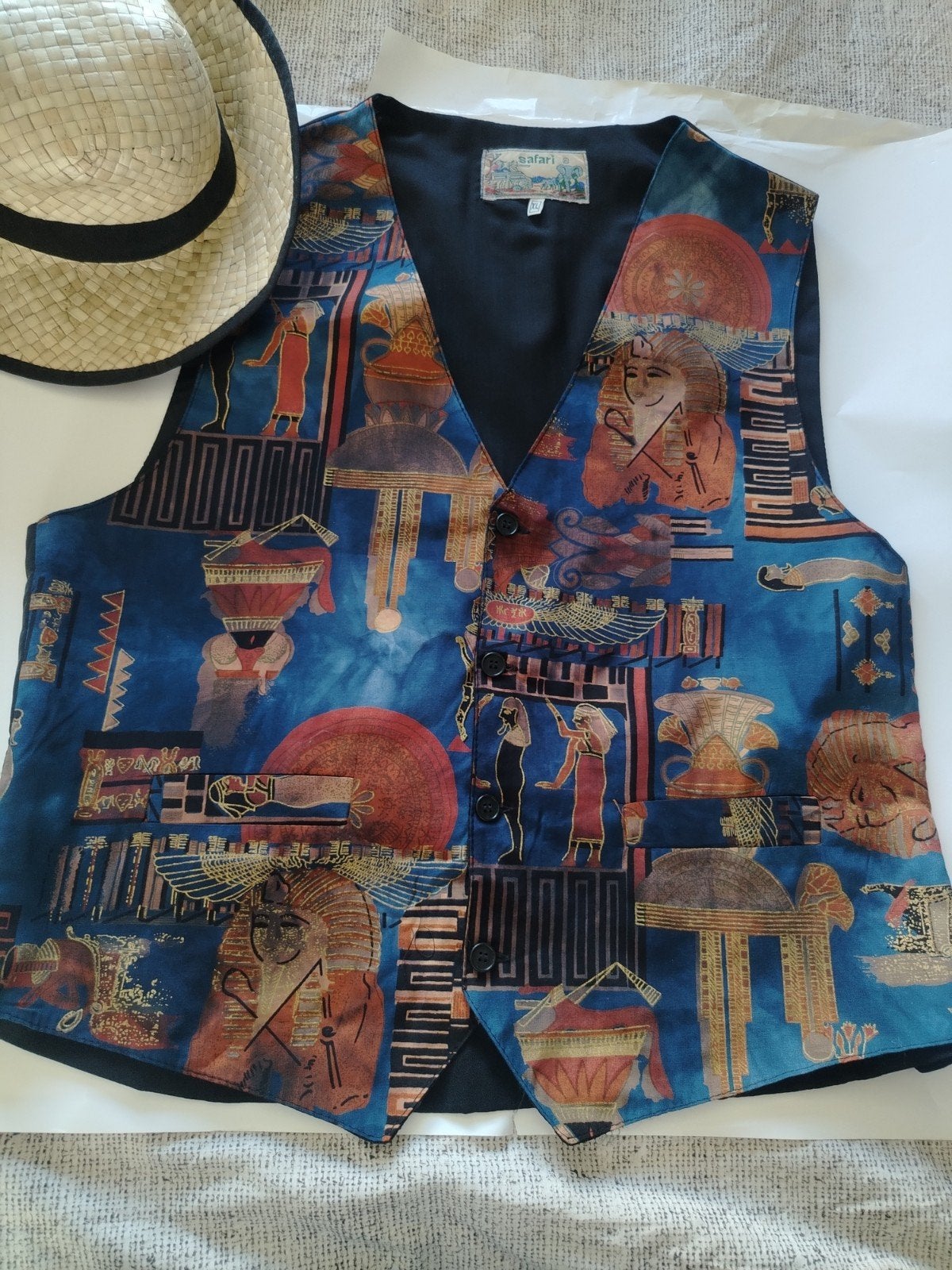 Vintage Gilet met Egyptisch Patroon - Herfstkleuren L-XL, Ophalen of Verzenden, Zo goed als nieuw, Safari