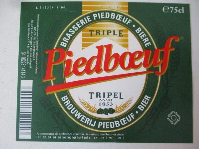 bieretiket Belgie 12-4 (12K) piedboeuf, Verzamelen, Biermerken, Ophalen of Verzenden, Gebruikt, Overige typen, Overige merken
