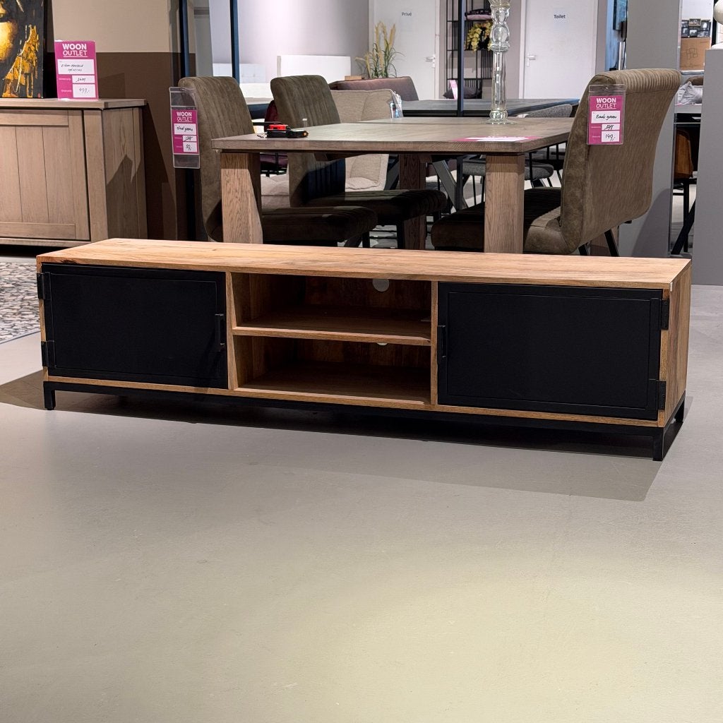 tv meubel licht hout met zwarte deuren **50% korting**, Ophalen, Teakhout, Nieuw, Minder dan 100 cm