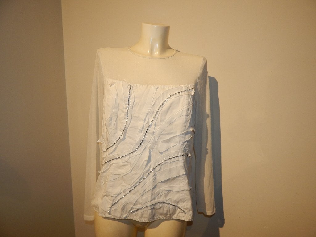 Anne Fontaine shirt voile bovenkant mouwen steentjes erop46, Wit, Maat 42/44 (L), Lange mouw, Gedragen