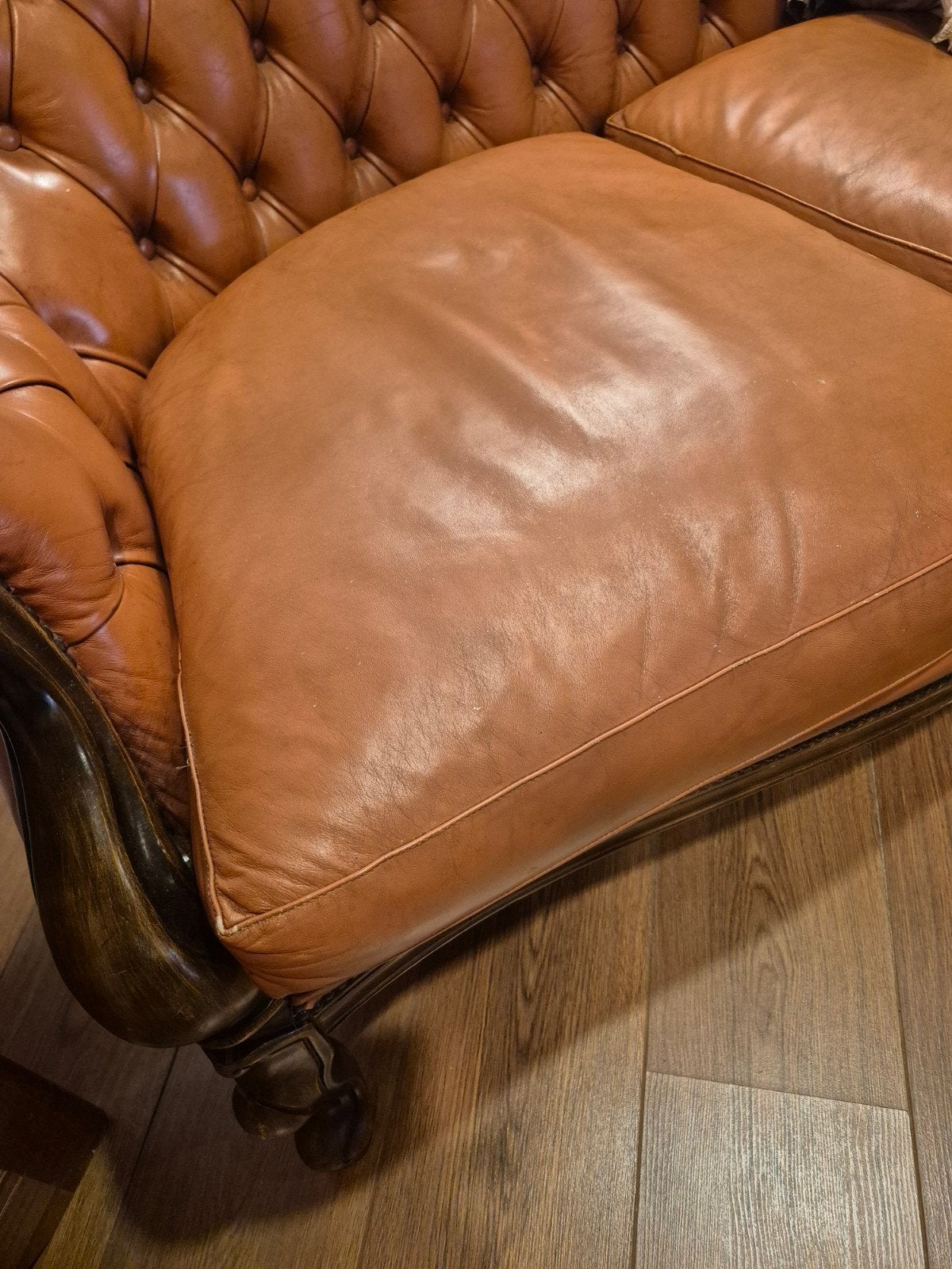 Vintage Leren (chesterfield barok)Bankstel met Houten Detail, Ophalen