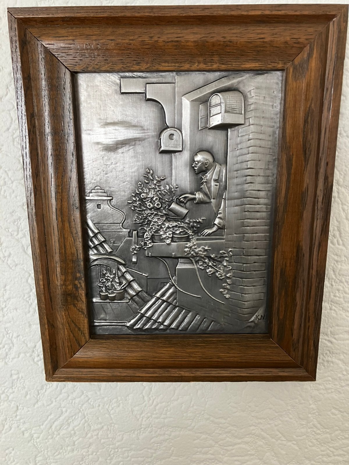 Tinnen schilderij, man met gieter., Ophalen of Verzenden, Zo goed als nieuw, Schilderij