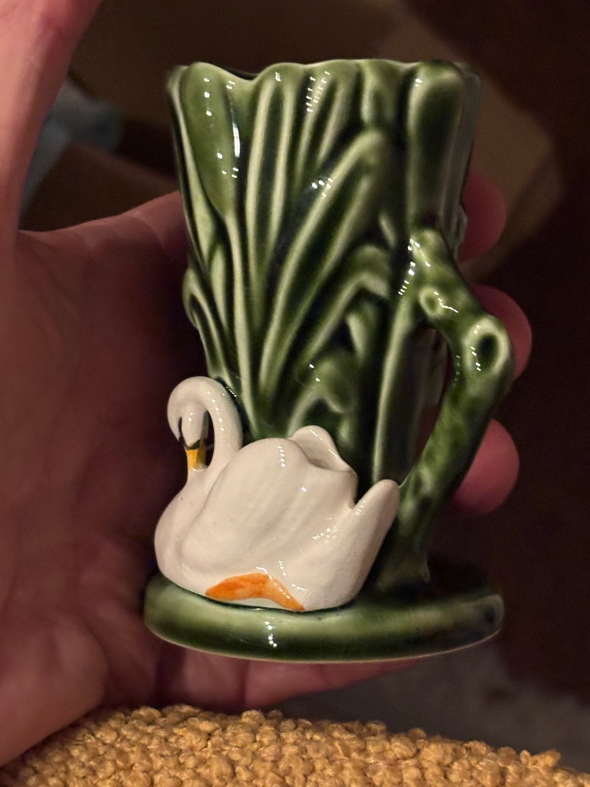 Vintage Keramische Zwaan Vaasje - Groen en Wit, Antiek en Kunst, Ophalen of Verzenden