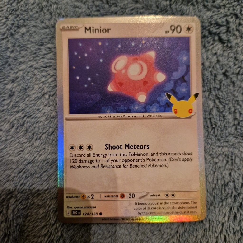 Minior 124/128 Pokémon 30th Celebration holo, Ophalen of Verzenden, Zo goed als nieuw, Losse kaart, Foil
