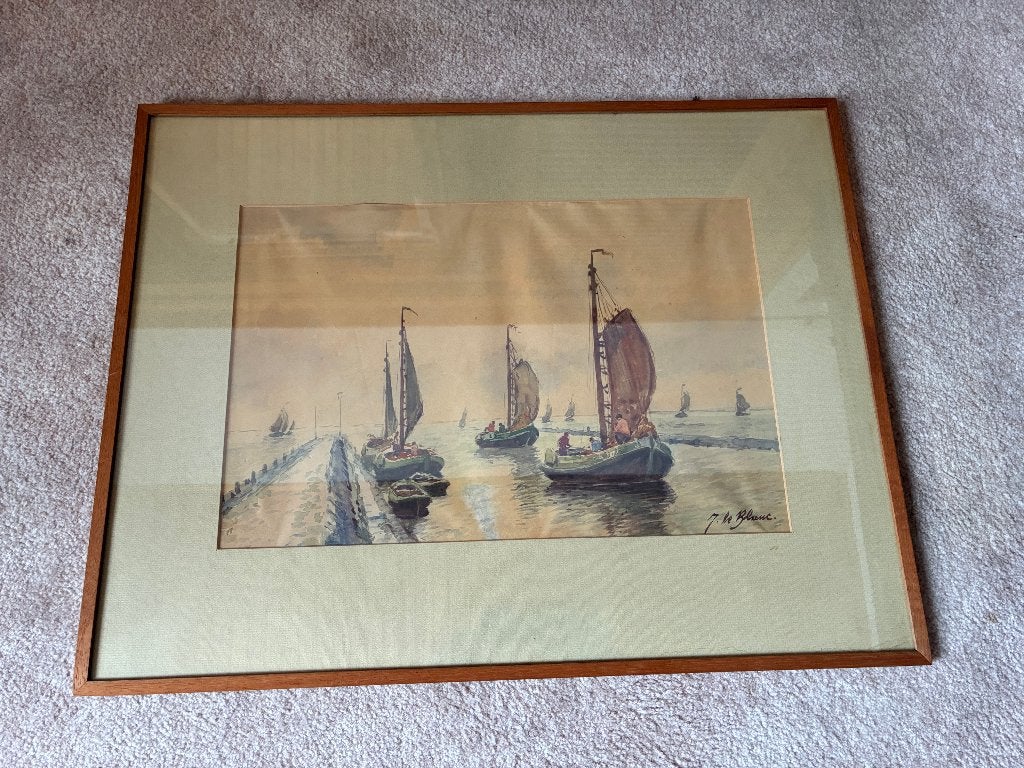 Schilderij J. Le Blanc - Ingang van de haven van Spakenburg, Ophalen, Maritiem / water, Impressionistisch, Aquarel