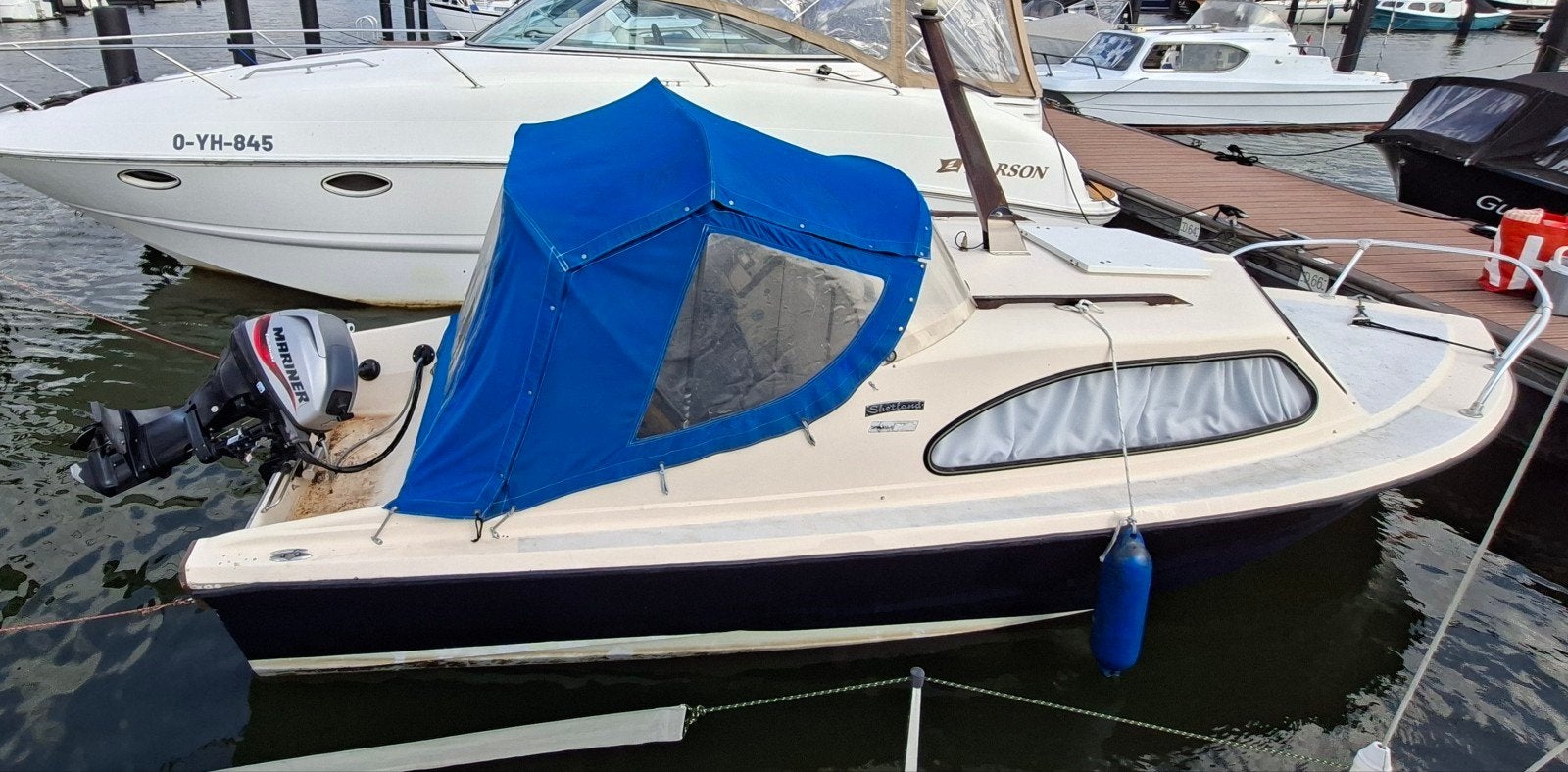 Complete Shetland 535 met 15 pk buitenboordmotor en trailer, Watersport en Boten, Ophalen, Gebruikt, Kajuitboot, Buitenboordmotor