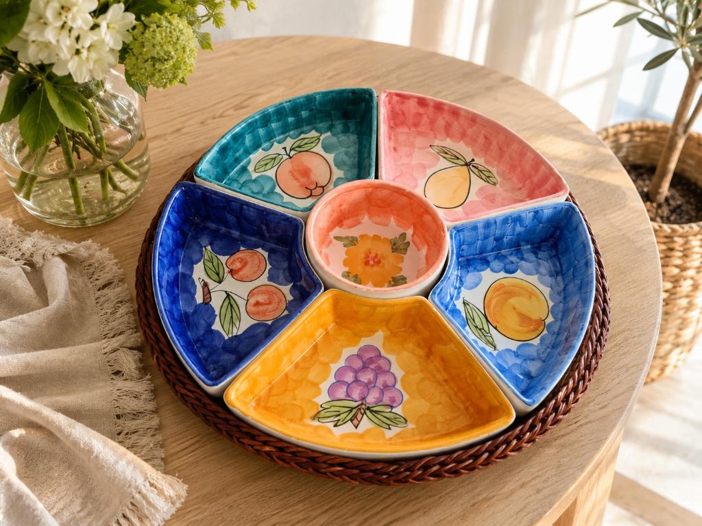Kleurrijke keramieken tapas set met rotan tray, Ophalen of Verzenden, Overige stijlen, Aardewerk, Schaal of Schalen