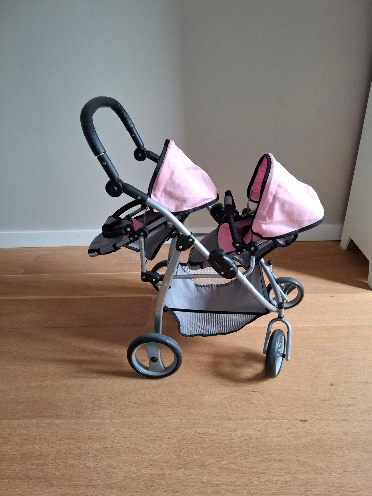 Poppenwagen tweeling - Roze met zilveren frame, Ophalen, Gebruikt, Meisje