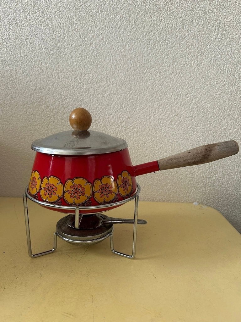 Vintage retro emaille fonduepan jaren 70 bloemen, Ophalen of Verzenden, Huis en Inrichting