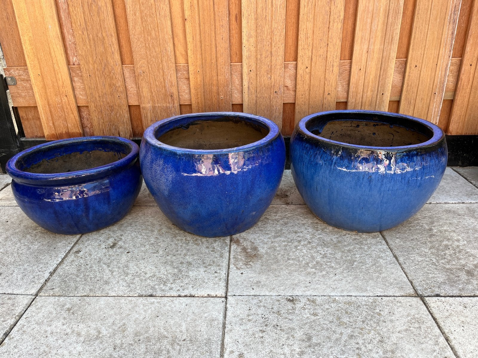3 mooie geglazuurde tuinpotten blauw, Tuin en Terras, Bloempotten, Ophalen, Rond, Zo goed als nieuw, Aardewerk