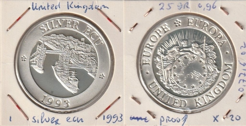 Zilveren ecu 1993 United Kingdom, Verenigd Koninkrijk, Postzegels en Munten, Verzenden, Overige landen, Losse munt, Zilver