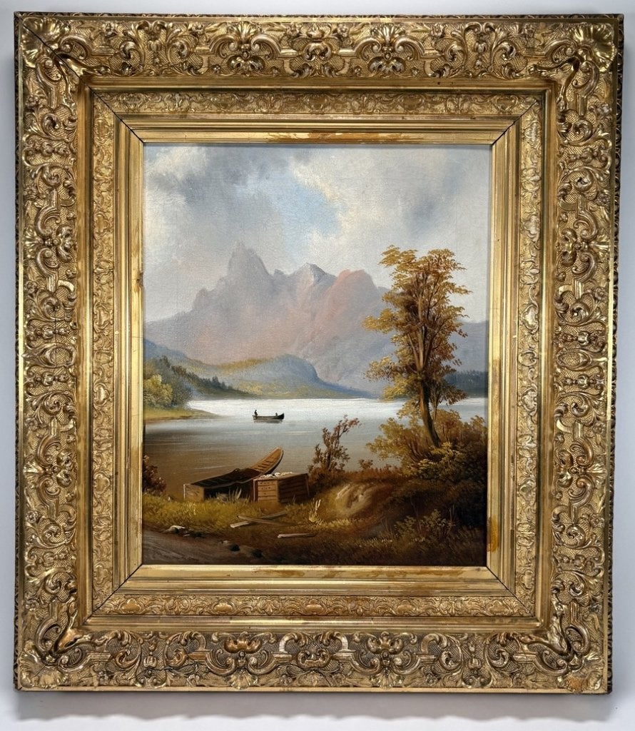 917. Olieverfschilderij – bergmeerlandschap, 19e eeuw, Ophalen of Verzenden, Olieverf, Landschap