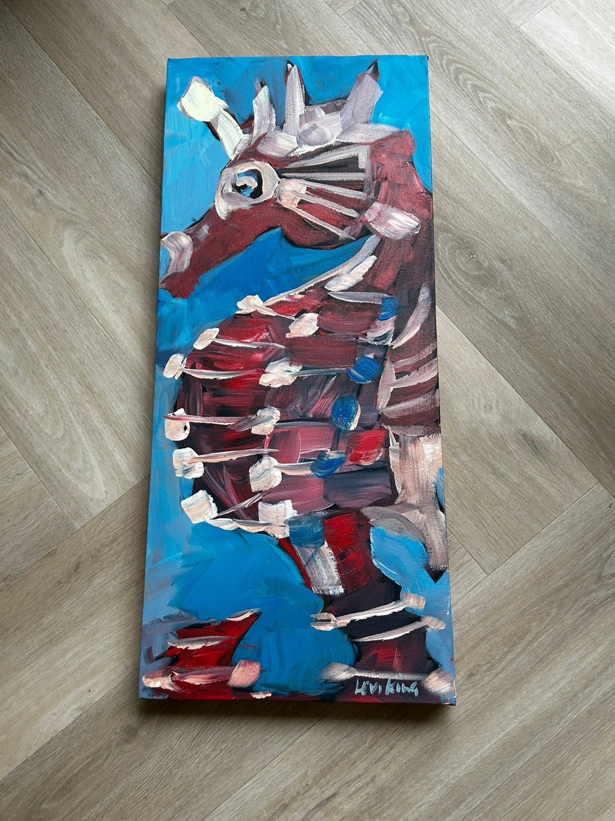 Schilderij Levi King Seahorse zeepaard canvas blauw rood, Ophalen, 50 – 75, Minder dan 50 cm, Oorspronkelijke maker