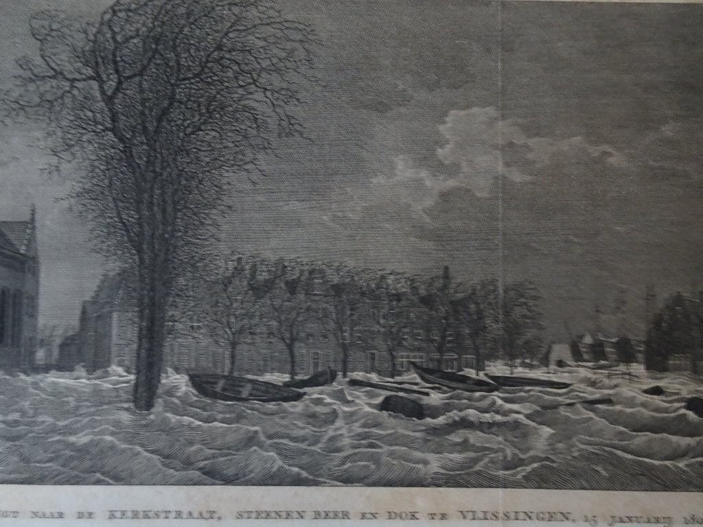 Gravure Overstroming Kerkstraat, dok van Vlissingen 1808, 1800 - 1899, Verzenden, Stadsgezicht, Gravure