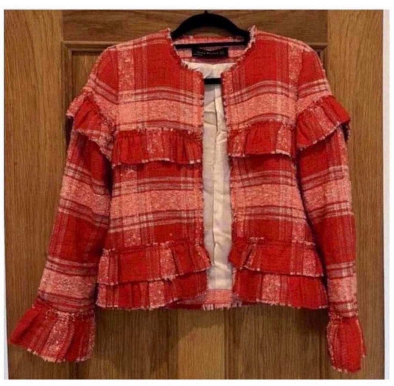 Zara Rood Geruit Freyed Zoom Gingham Blazer Jas Jack vest M, Maat 38/40 (M), Ophalen of Verzenden, Zo goed als nieuw, H
