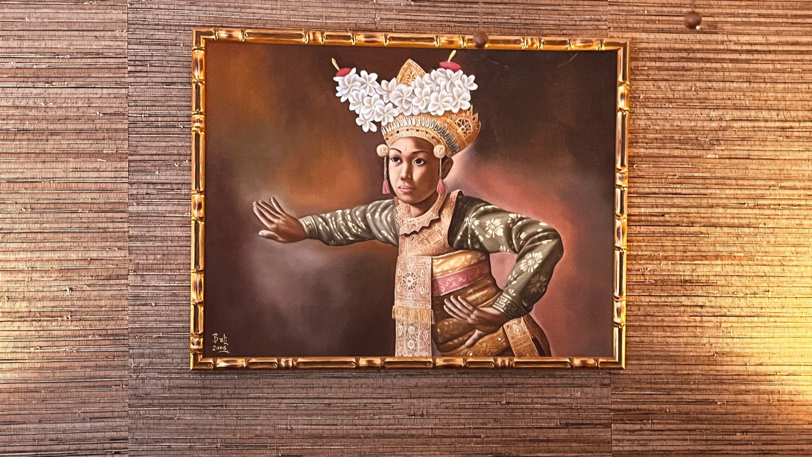 Origineel Balinees schilderij, ingelijst (62x52 cm), Ophalen, Doek, Portret of Personen, Realistisch