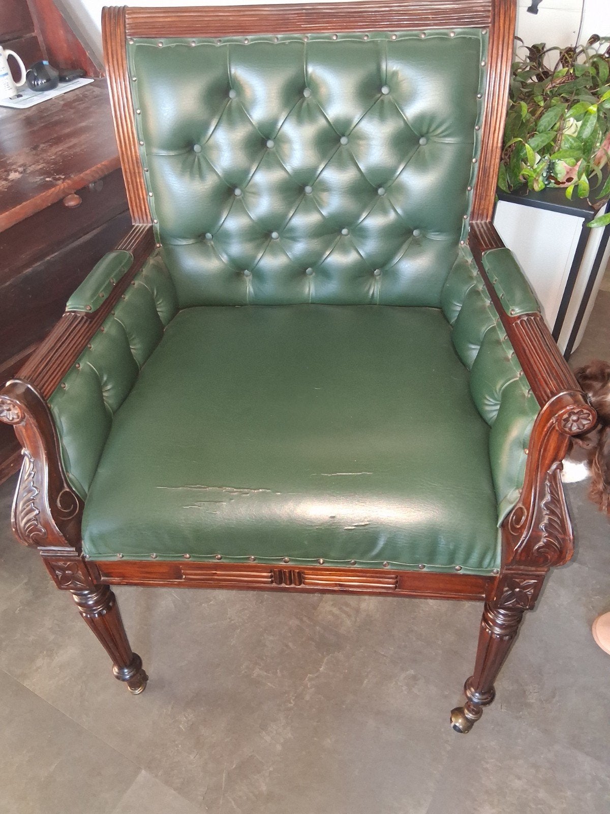Antieke Chesterfield Bureaustoel met Groen Leer en Houten, Ophalen