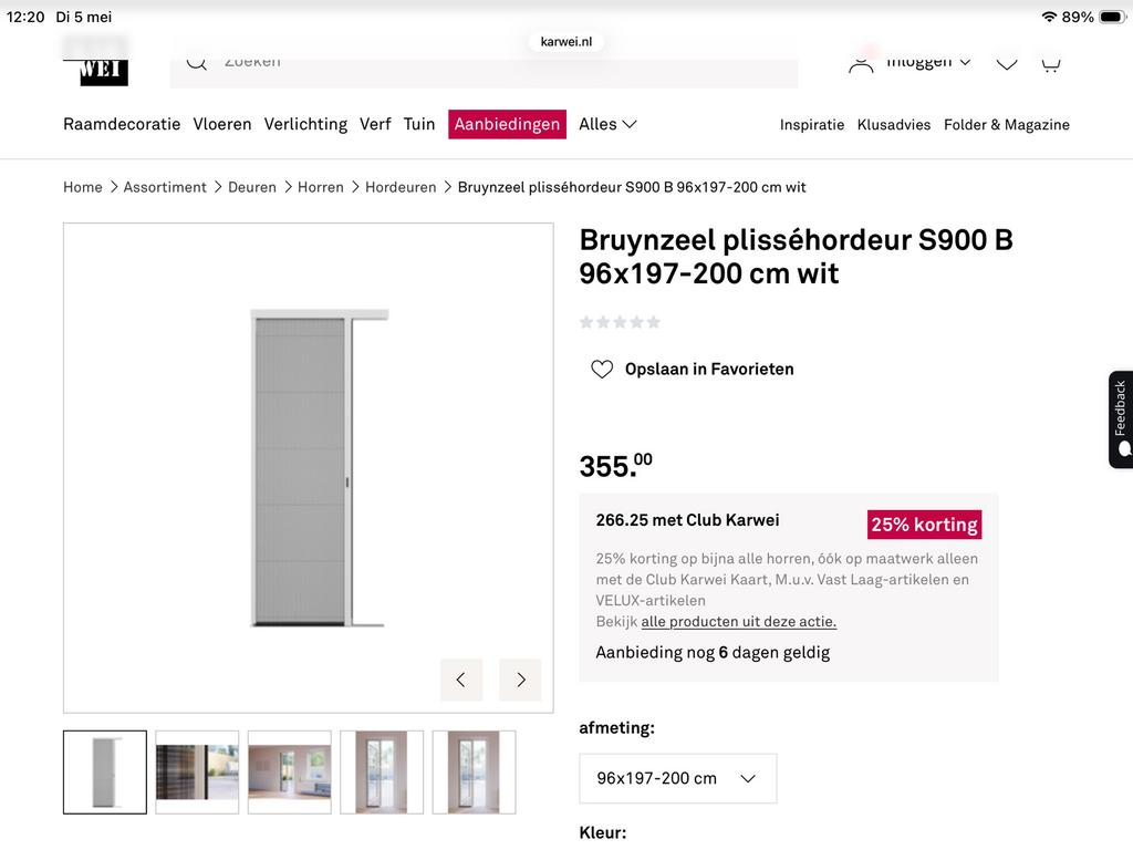 Bruynzeel  plisséhordeur S900 / H 197-200 cm wit, Ophalen of Verzenden, Nieuw, Hordeur, 200 tot 215 cm