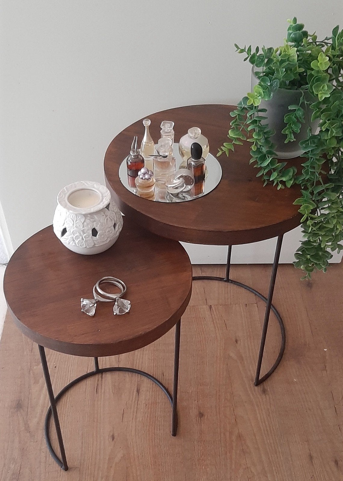 Bijzettafel Set van 2-Rond Hout met Metalen Frame, Ophalen, Minder dan 45 cm, Minder dan 55 cm, Rond