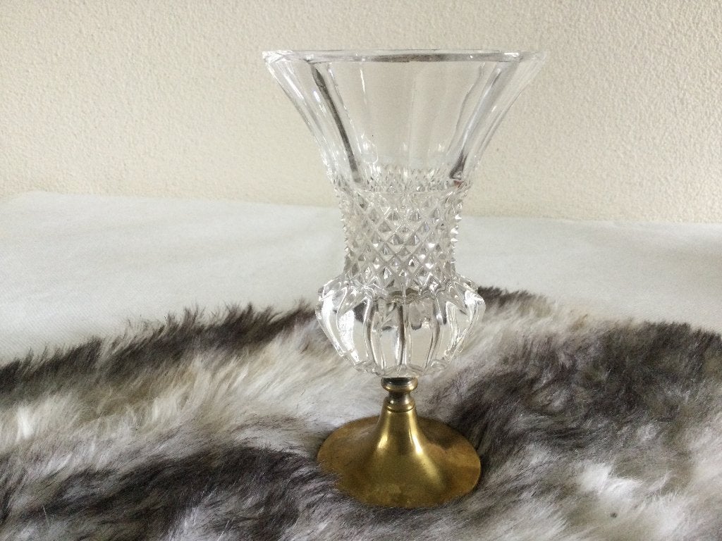 Bloemen Vaas geslepen glazen vaas ( hoogte 16 cm ) geelkoper, Ophalen of Verzenden, Gebruikt, Overige kleuren, Glas