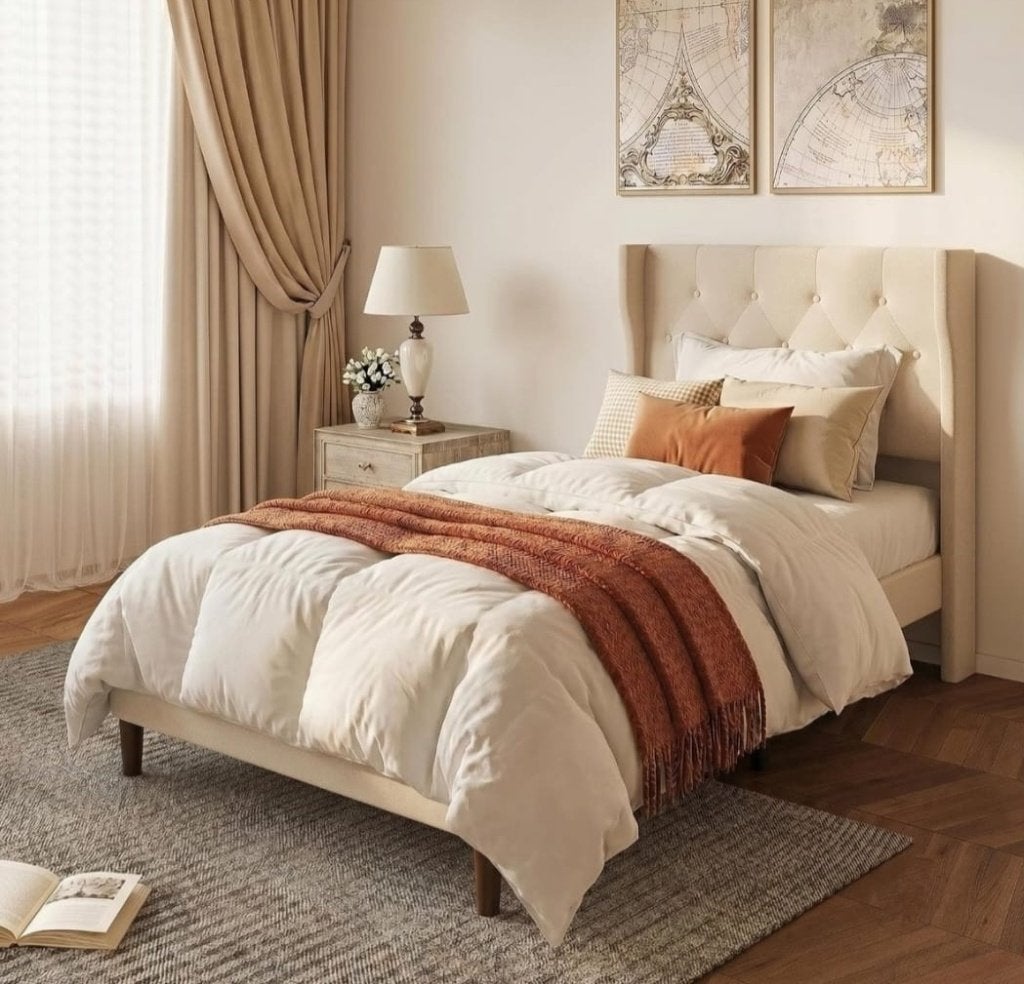 Bed, Ophalen, 90 cm, Eenpersoons, Beige