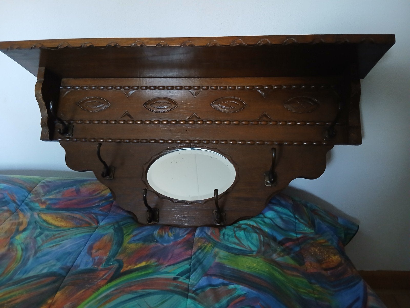 Antieke houten kapstok met spiegel en legplank, Antiek en Kunst, Ophalen