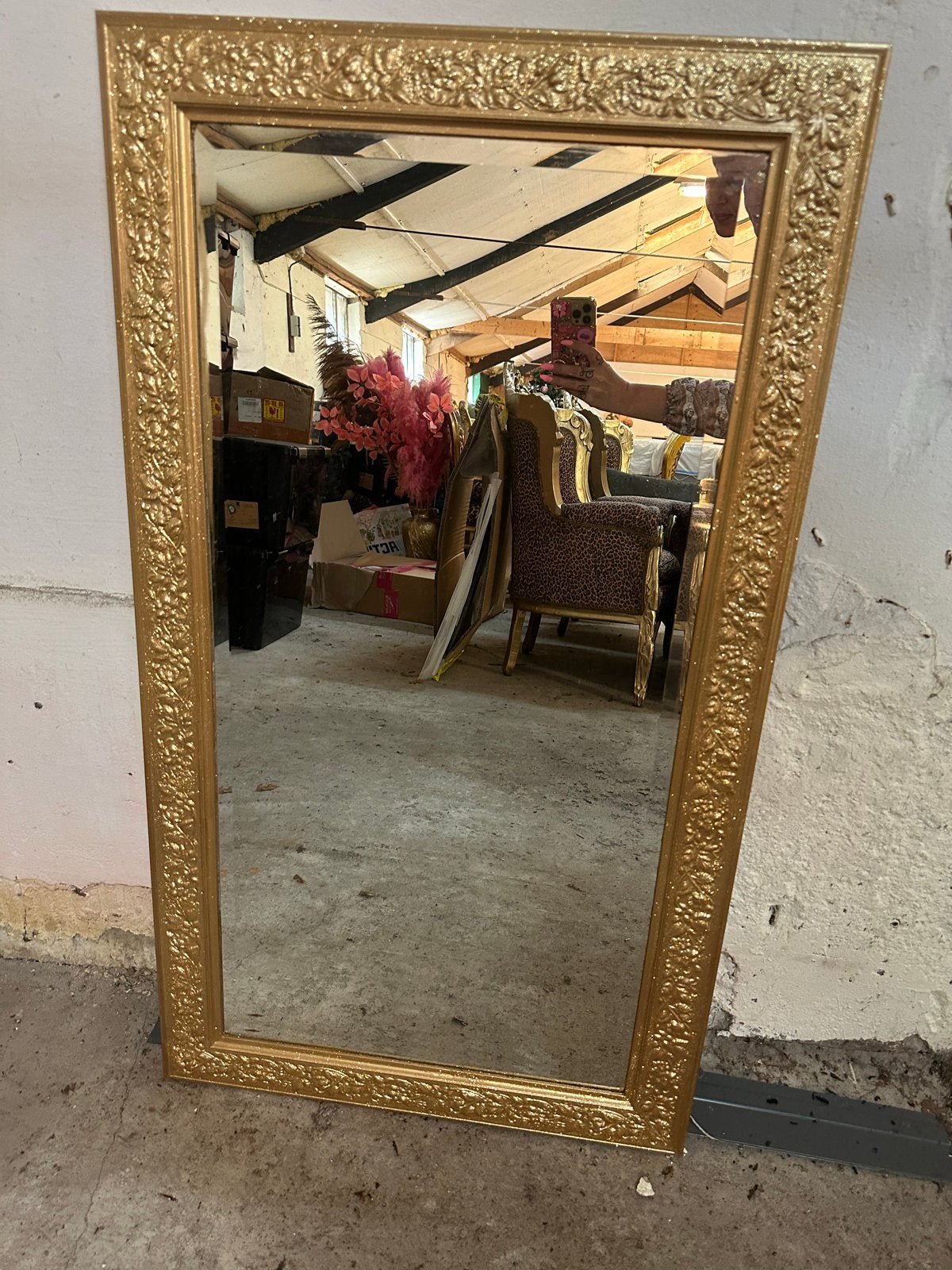 Gouden spiegel met glitters - Decoratieve wandspiegel, Ophalen, Gebruikt, 100 tot 150 cm, Megabarok