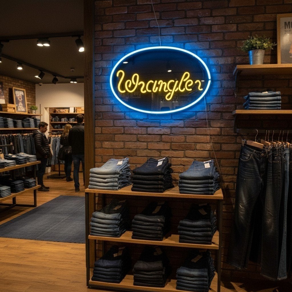 Vintage neonreclame Wrangler, tweekleurig, 100% in orde!, Verzamelen, Ophalen, Gebruikt, ., Lichtbak of (neon) lamp