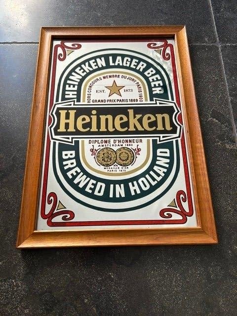 Groot, zeldzaam, en oude Heineken bier reclame spiegel, Verzamelen, Ophalen of Verzenden, Zo goed als nieuw, Reclamebord