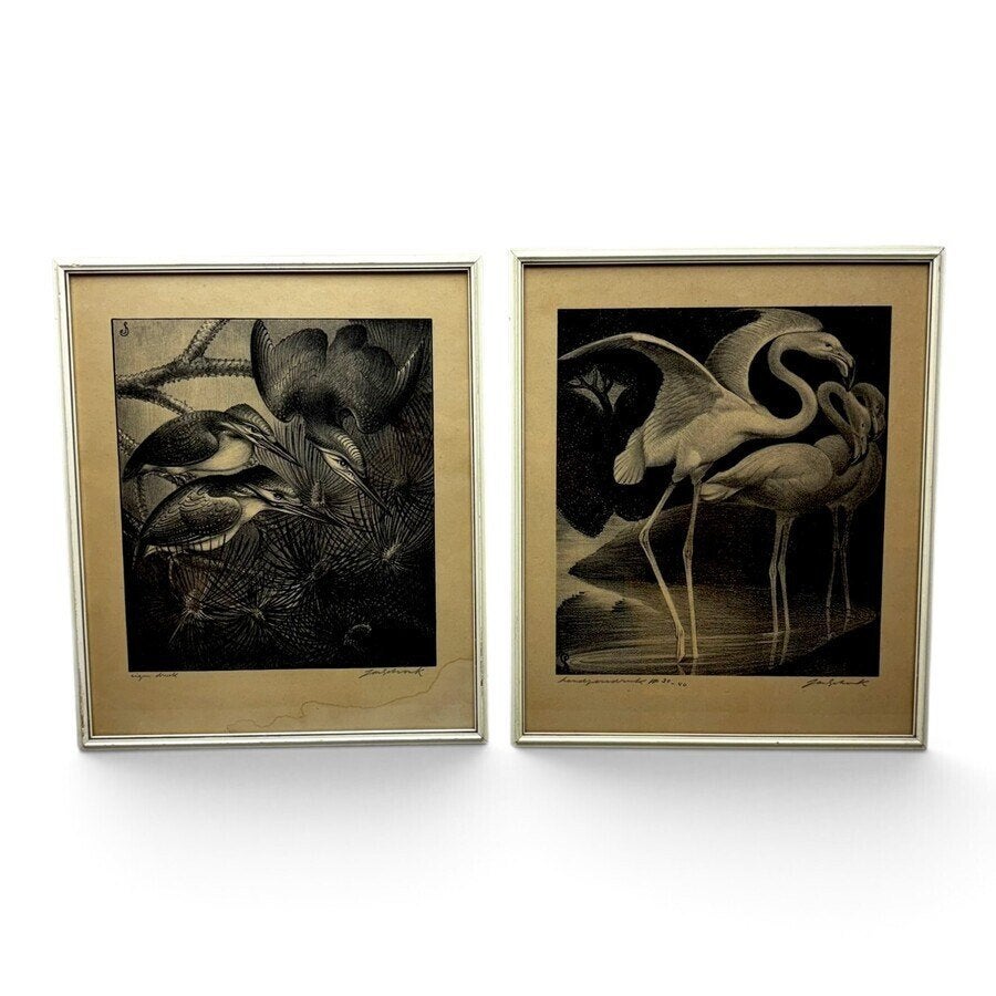 Jan Schonk (1889-1976) - Twee litho’s, vogels, Gesigneerd, Ophalen of Verzenden, Dieren en Natuur, Lithografie
