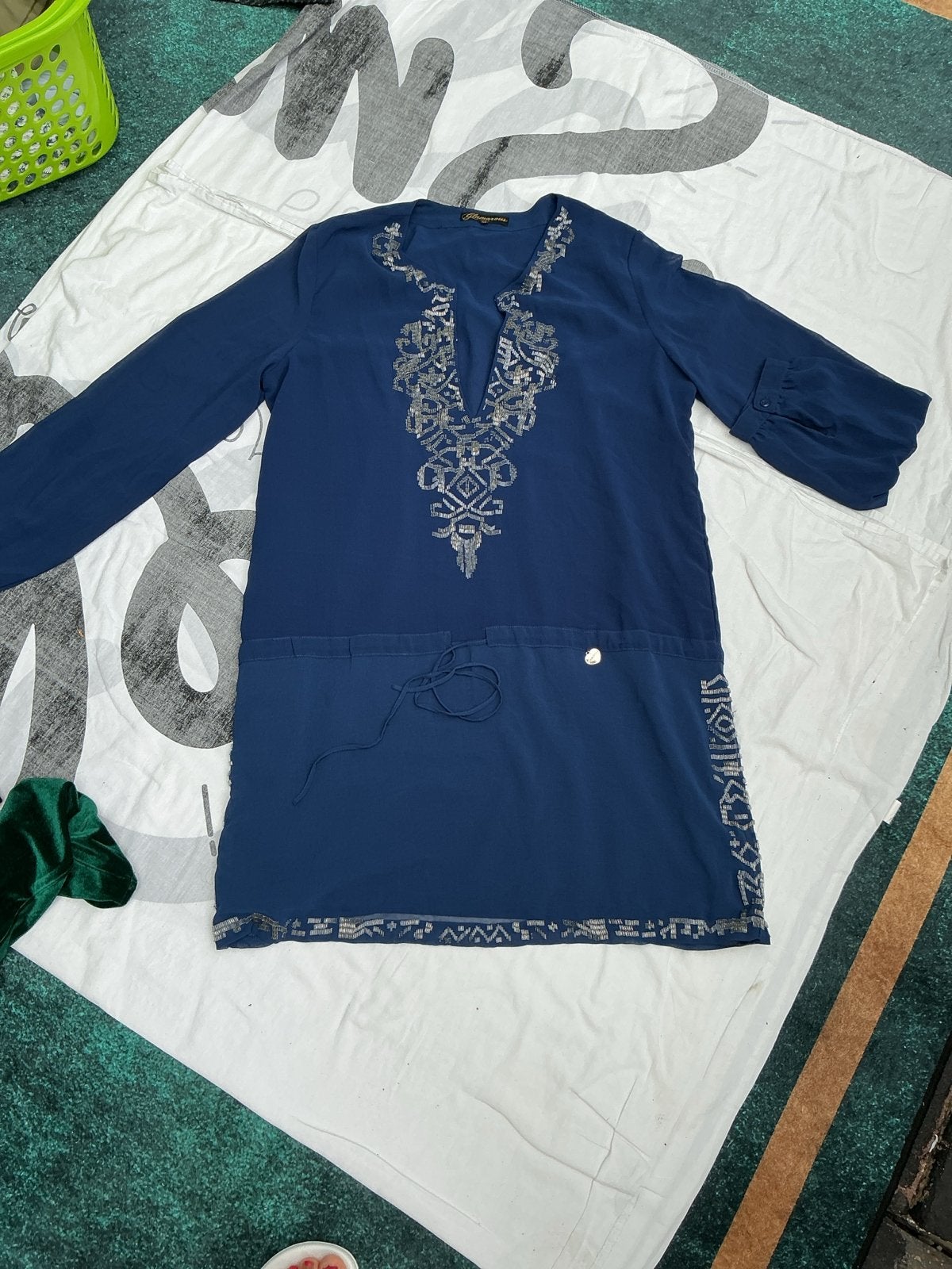 Glamorous Blauwe Tuniekjurk met Zilveren Borduurwerk, Kleding | Dames, Blauw, Maat 42/44 (L), Ophalen of Verzenden, Zo goed als nieuw