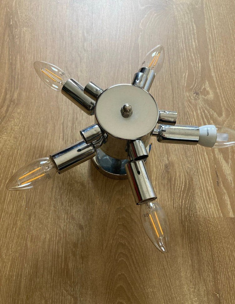 Moderne plafondlamp met 5 E14 fittingen - Chroom, Huis en Inrichting, Ophalen, Zilver, Gebruikt, Inclusief lichtbron