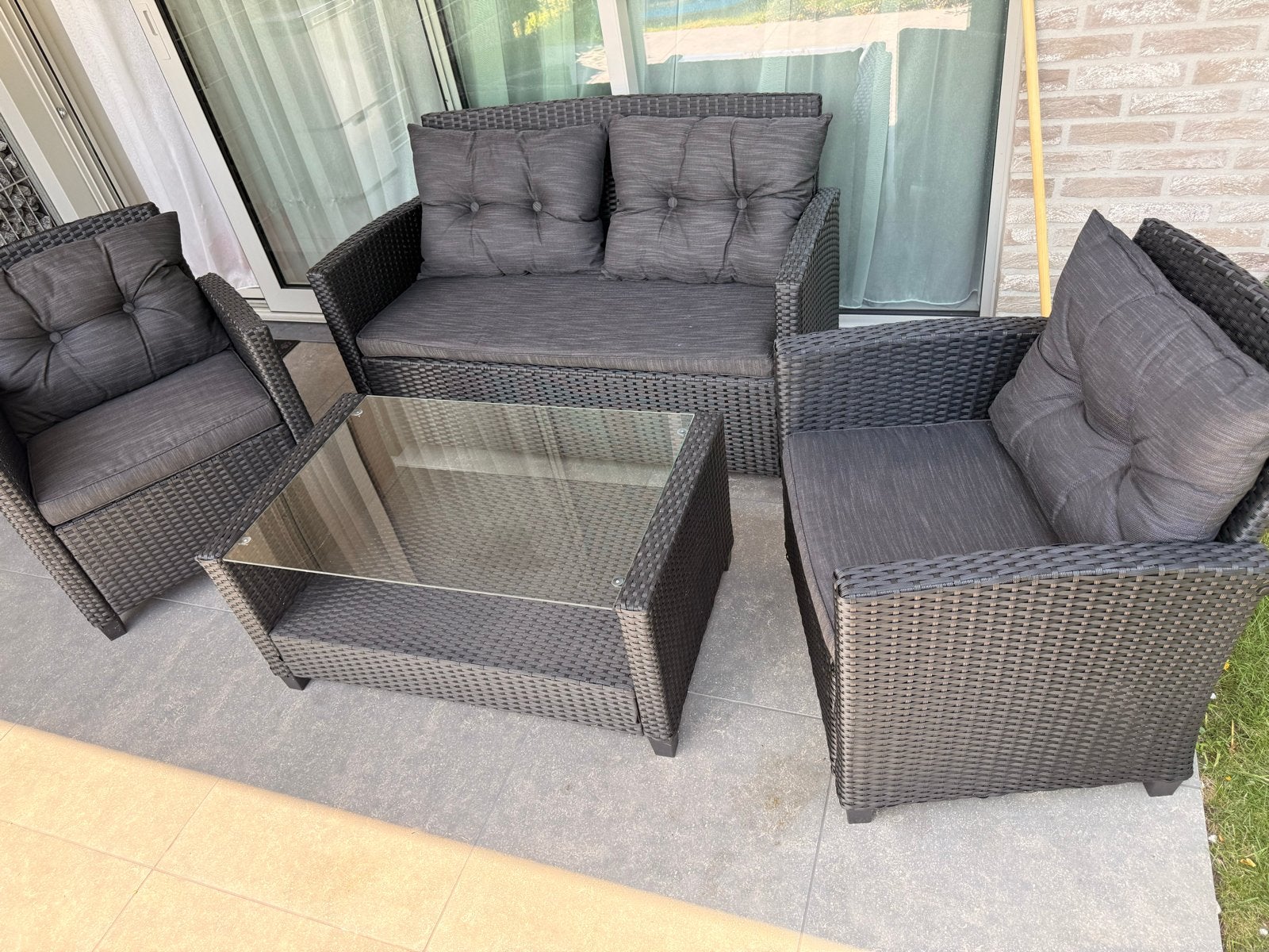 Loungeset tuin wicker met glazen salontafel en kussens, Tuin en Terras, Ophalen, 4 zitplaatsen, Loungeset, Wicker