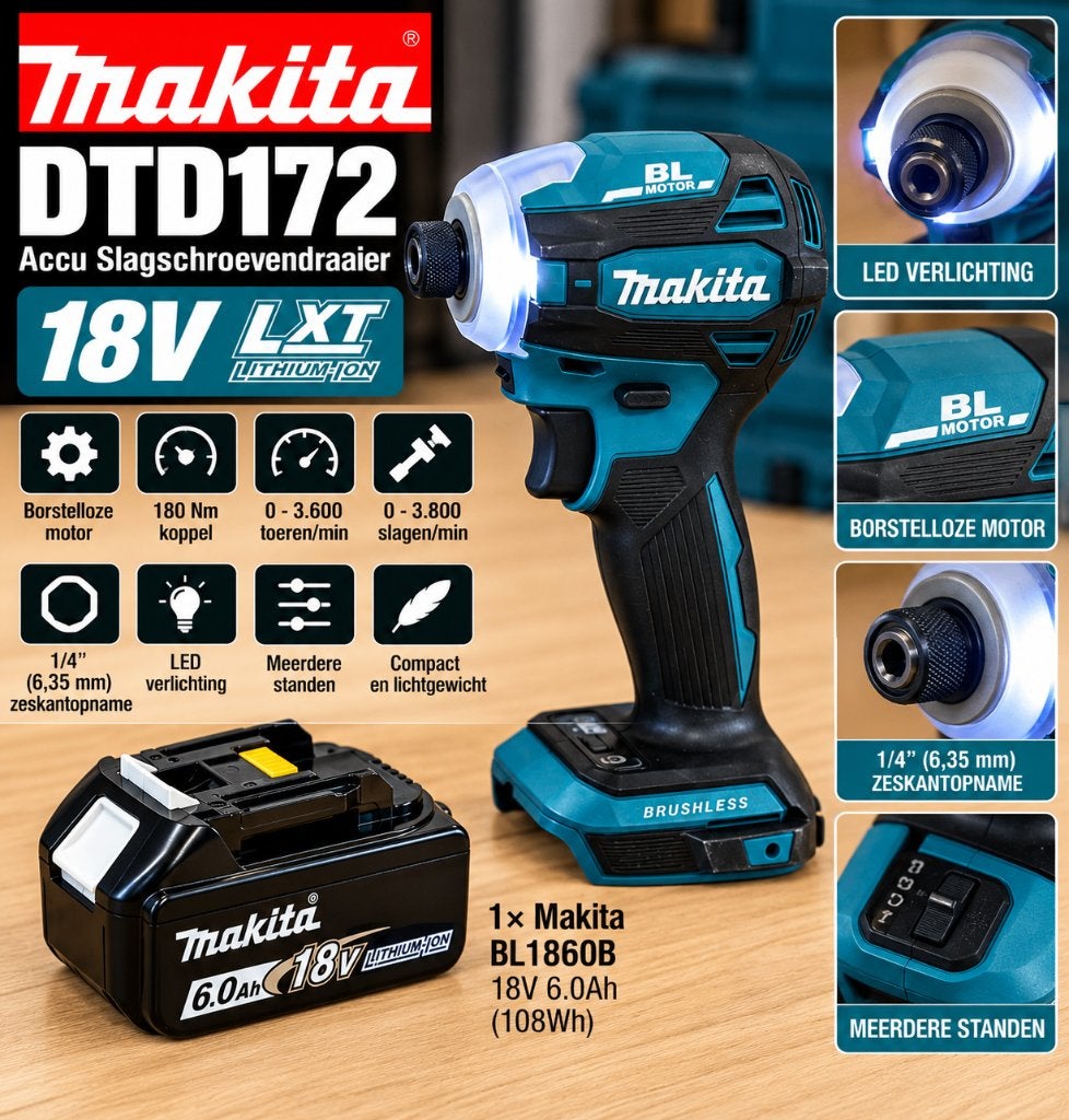 Makita DTD172 18V LXT – Slagschroevendraaier + 6.0Ah Accu, Variabele snelheid, Nieuw, Ophalen of Verzenden, Boor- en Schroefmachine