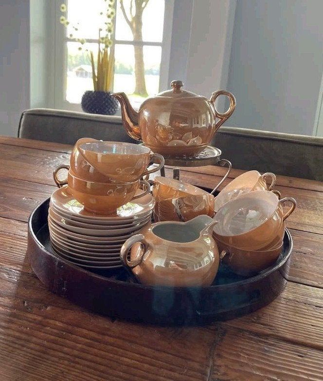 Vintage Chinees theeservies met parelmoerglans, Ophalen of Verzenden