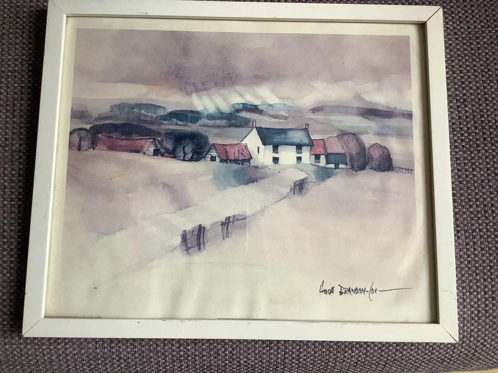Ingelijste aquarel van landschap met boerderijen, Antiek en Kunst, Kunst | Schilderijen | Abstract, Ophalen of Verzenden