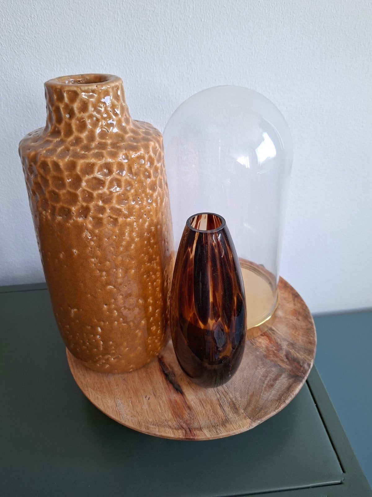 Decoratieve set: vaas, stolp, schaal en kleine vaas, Ophalen, Meerkleurig, Met patroon/structuur, Glas