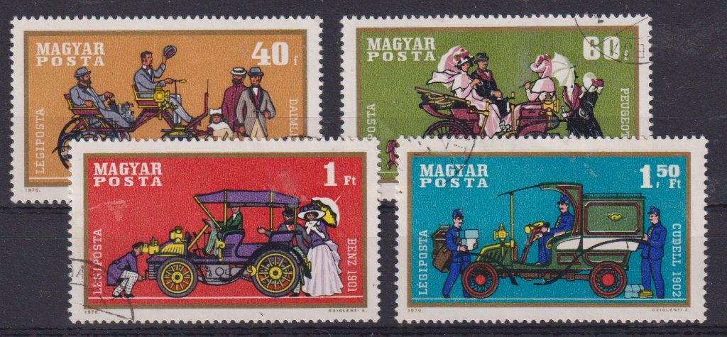 Hongarije 1970 Antieke autos Daimler Peugeot Benz Cudell, Postzegels en Munten, Verzenden, Gestempeld, Auto's