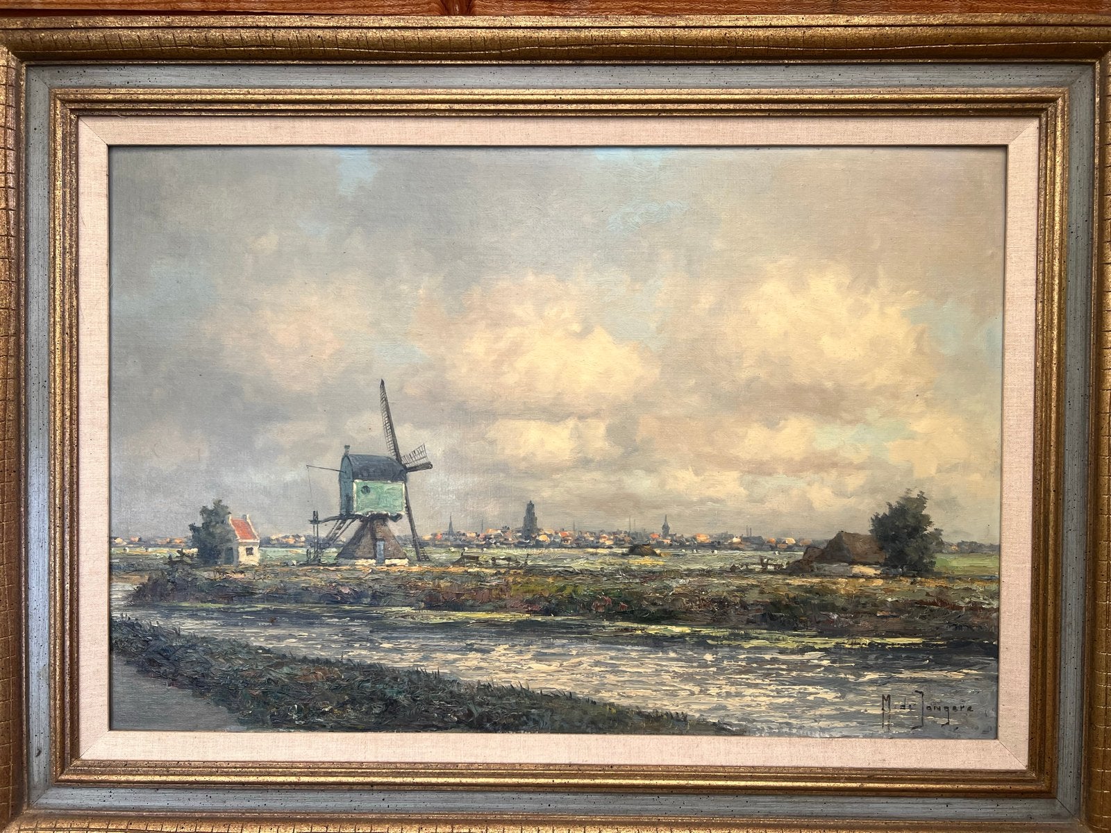 Olieverfschilderij Hollands Landschap met Molen - M. de Jong, Doek, Realistisch, Ophalen of Verzenden, Gesigneerd