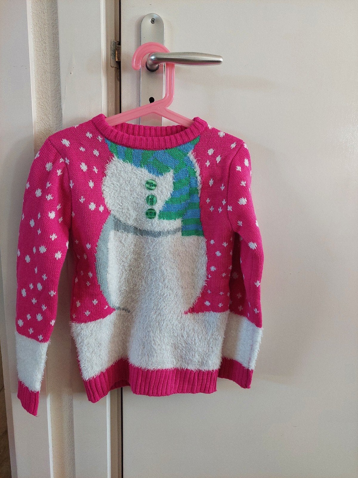 Roze Kersttrui met Sneeuwpop - Maat 122/128, Kinderen en Baby's, Meisje, Trui of Vest, Ophalen of Verzenden, Zo goed als nieuw