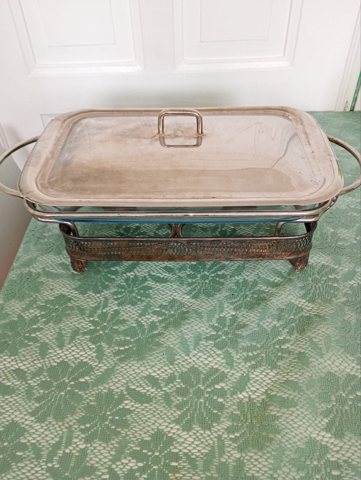 Vintage Chafing Dish met Glazen Schaal en Metalen Houder, Ophalen of Verzenden