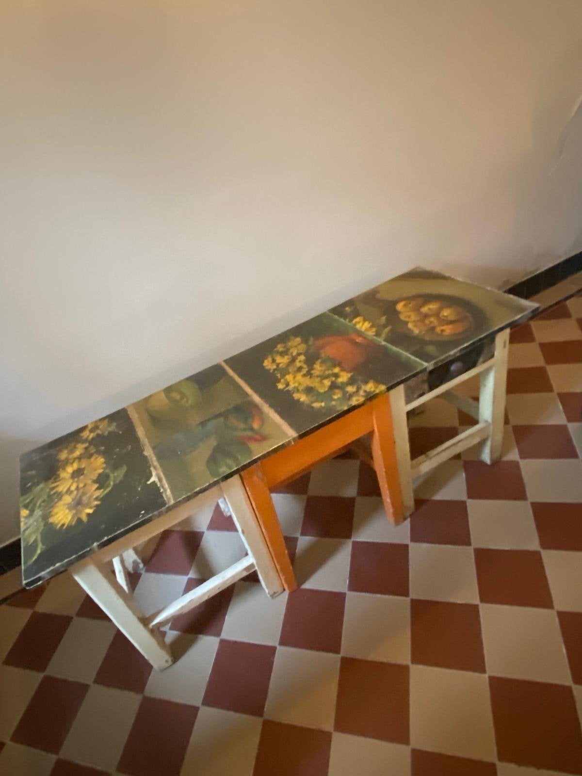 Vintage houten bankje met handgeschilderde panelen, Ophalen