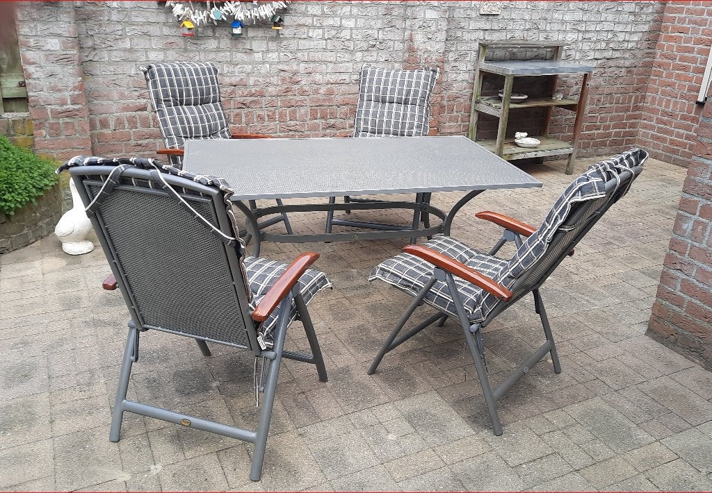 Tuinset met 4 stoelen en tafel - Grijs, Tuin en Terras, Ophalen, 4 zitplaatsen, Gebruikt, Aluminium