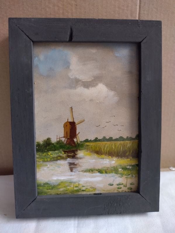 Mini-schilderijtje Watermolen, Antiek en Kunst, Ophalen of Verzenden, Klassiek, Landschap