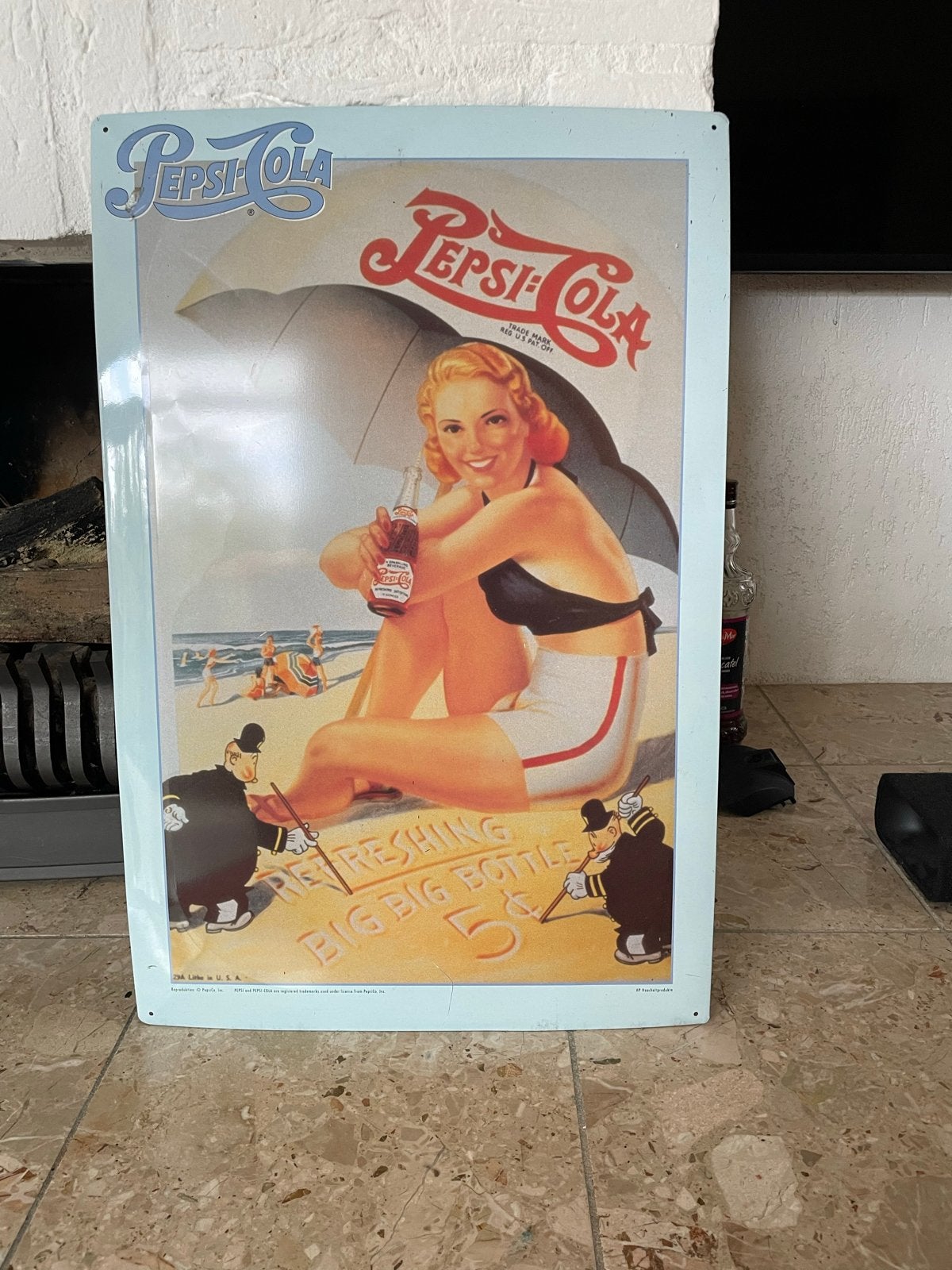 Vintage Pepsi-Cola Reclamebord - Pin-up op het strand, Ophalen, Gebruikt, Reclamebord