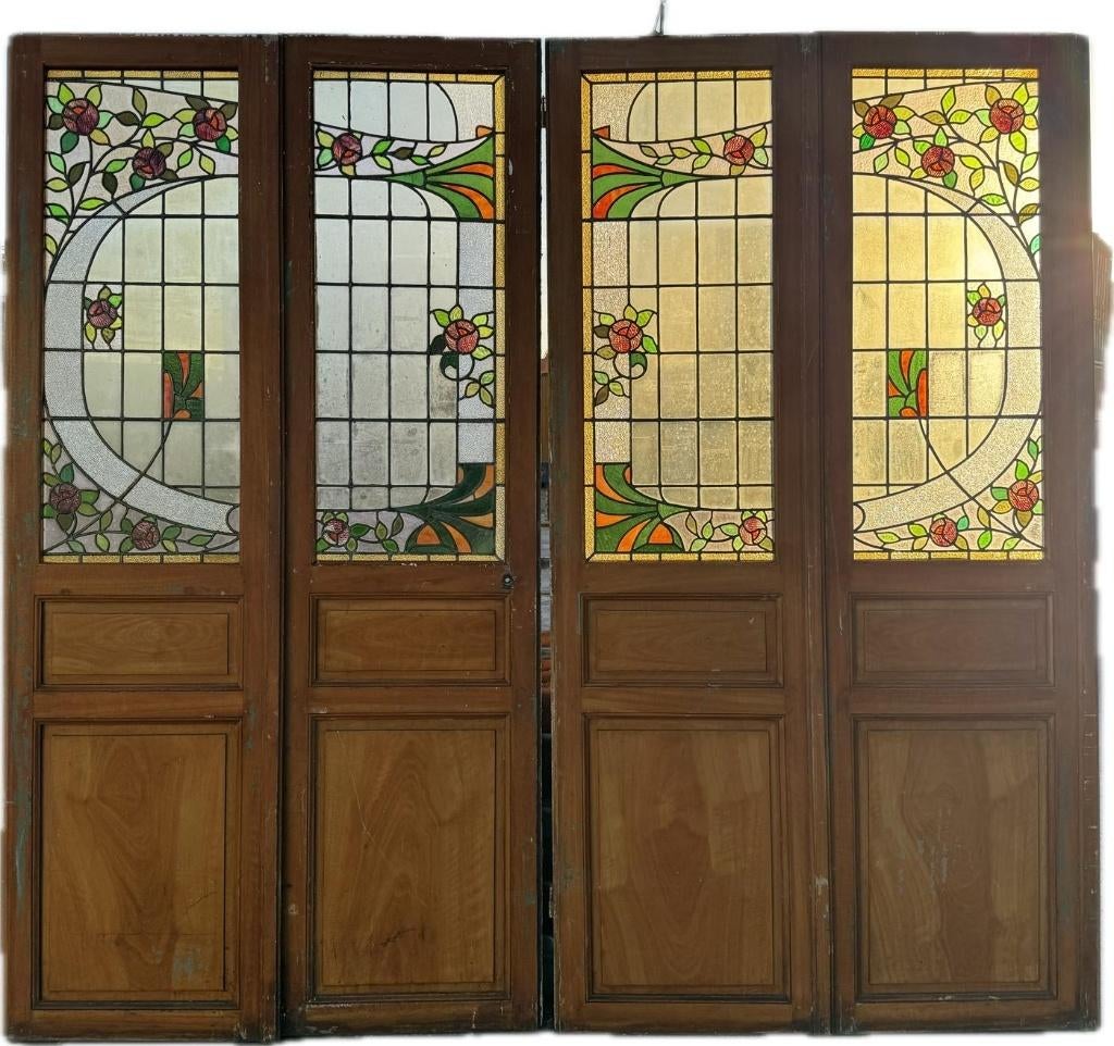 Set Jugendstil openslaande deuren met zijpanelen 245x260cm., Ophalen