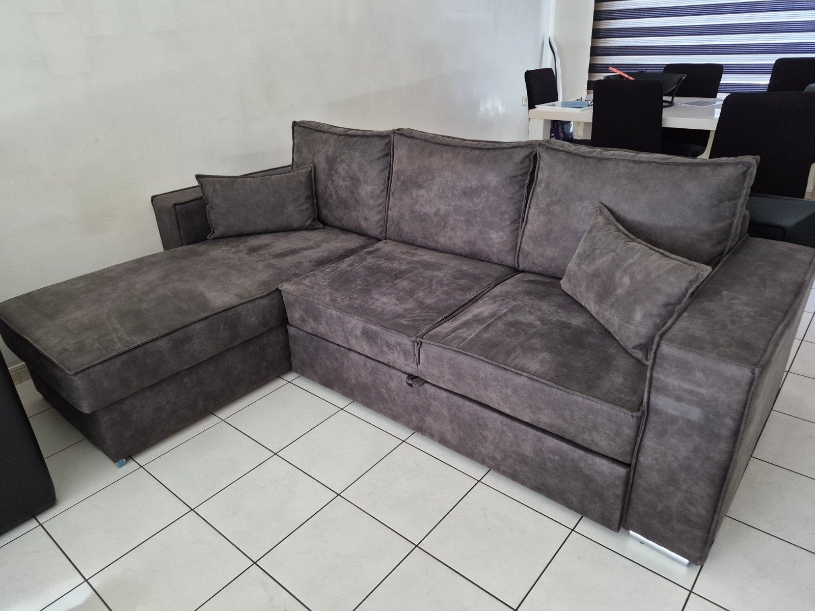 Slaapbank antraciet faux suede hoekbank, Ophalen, Zo goed als nieuw, Stof, Hoekbank slaapbank