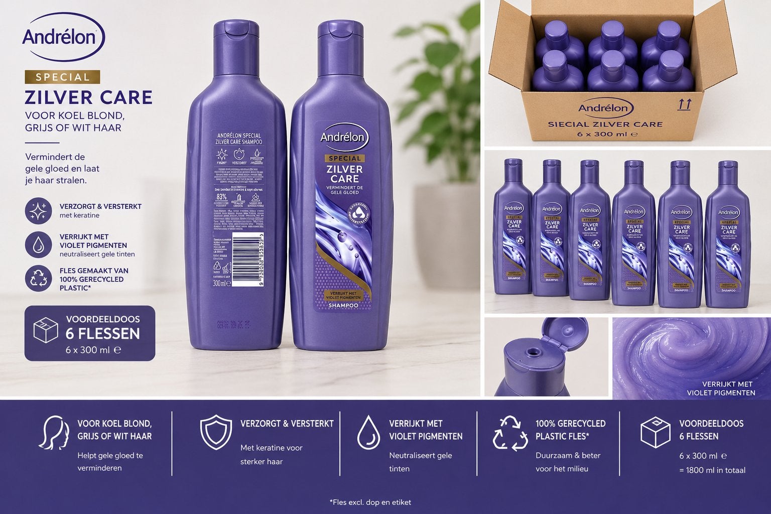 Andrélon Special Zilver Care Shampoo - 6 x 300 ml, Ophalen of Verzenden, Nieuw, Shampoo of Conditioner
